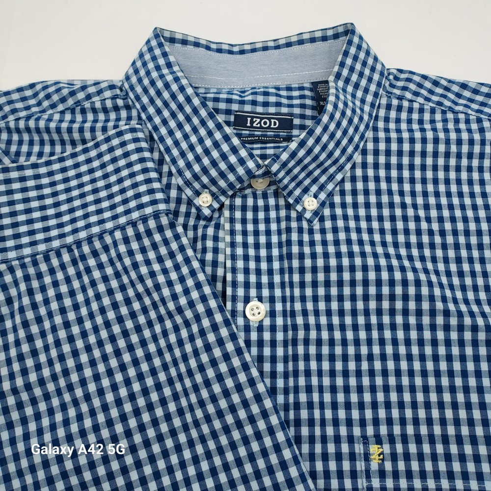 Izod‎ Premium Essentials Mens XLT Blue Gingham Button Down Shirt 100% Cotton